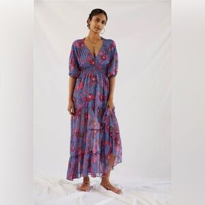 Anthropologie Misa Floral V-Neck Boho Flowing Tiered Open Back Maxi Dress• M